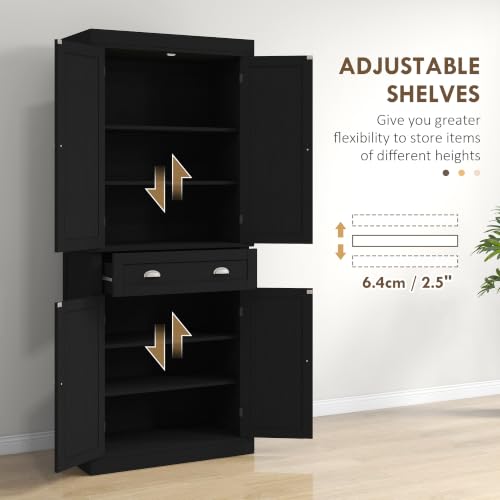 HOMCOM 72.5" Kitchen Pantry Cabinet Freestanding 4 Doors Black Wood Grain - color: Black Wood Grain