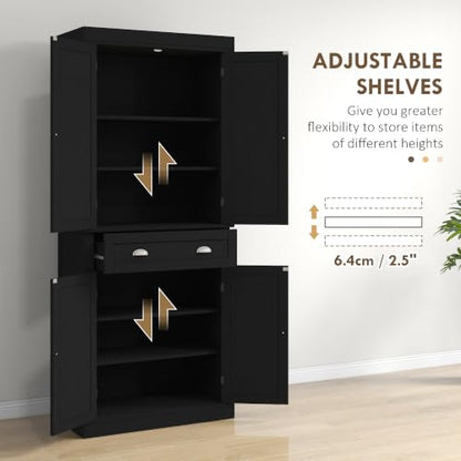HOMCOM 72.5" Kitchen Pantry Cabinet Freestanding 4 Doors Black Wood Grain - color: Black Wood Grain