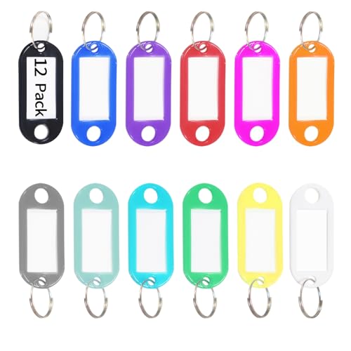 12 Pack Plastic Key Tags with Ring and Label Window, Key Labels Key Chain Name Tags ID Tags/Identifiers for Luggage, Bags, Suitcases, Backpack, 12 - Colors - size: 12 Pack