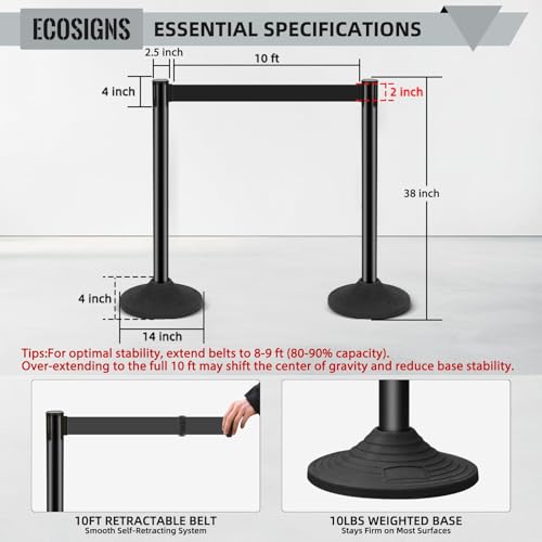ECOSlGNS 12 Pack Crowd Control Stanchions with Retractable Belts - Commercial Black Stanchions with Heavy Duty Base & Sign Holders for Queue Management - color: Black- 12 Packs