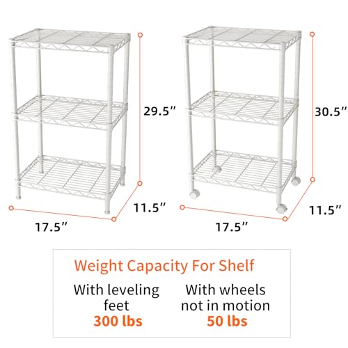SINGAYE 3 Shelves Storage Shelf Wire Shelving Unit Metal Adjustable Wheels - color: White, size: 3Tier/11.5"D X 17.5"W X 30.5"H