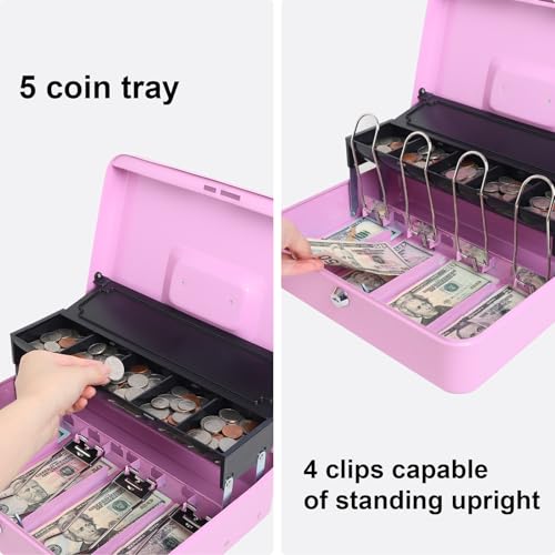 Jssmst Metal Cash Box with Money Tray and Lock, Portable Cash Drawer, 11.8" - color: Light Purple Key