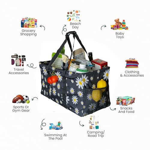 Extra Large Utility Tote Bag - Oversized Collapsible Beach Bag - Black Daisy - color: Black Daisy