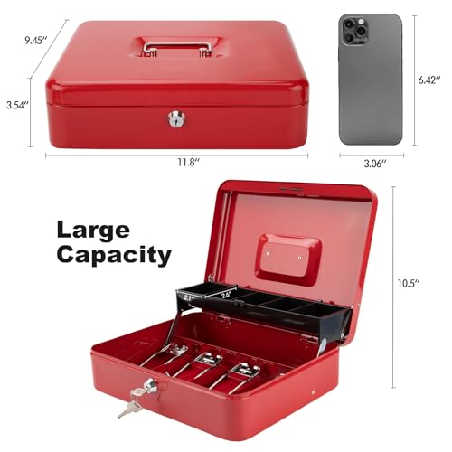 Cash Box with Key Lock & Foam Auto-Pop Coin Tray – Secure Steel Money Box with 4 Upgraded Finger-Safe Bill Clips, Premium Smooth Scratch-Resistant Coating, 11.8"L x 9.5"W x 3.5"H, KL Red - color: KL Red