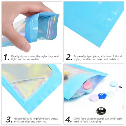 Funfery 100pcs Blue Mylar Holographic Bags-Resealable Zipper&Clear Window - color: Blue, size: 3.5 x 6.3 Inch