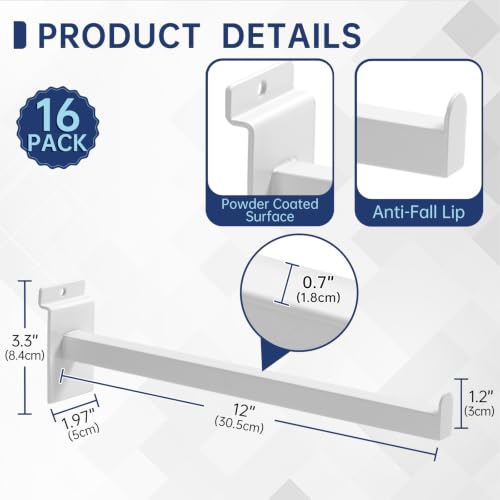 16 Pack Heavy Duty Tube Slatwall Shelf Brackets, Metal Tubular Slat Wall Brackets with Lip, Slatwall Accessories for Garage, Retail, and Home Storage - size: 12 Inch, style: White