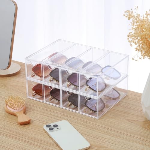 Acrylic Sunglasses Organizer with 4 Drawers - Clear Eyeglass Holder & Storage Case for Multiple Pairs, Jewelry, Makeup,Stackable Display Stand for Home, Office, Travel