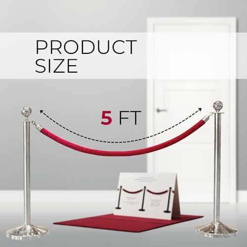 5 Ft Red Velvet Rope - 4 PCS Red Carpet Velvet Rope for Parties Crowd Ceremonies Hanging Stanchion for Queue Line Safe Control - color: Red + Silver