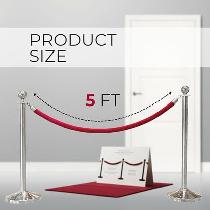 5 Ft Red Velvet Rope - 4 PCS Red Carpet Velvet Rope for Parties Crowd Ceremonies Hanging Stanchion for Queue Line Safe Control - color: Red + Silver