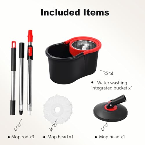 Spin Mop and Bucket, Mop and Bucket with Wringer Set for Home, 360 Spinning Mop Bucket Floor Cleaning Tool with 1 Microfiber Mop Replacement Head,50" Stainless Steel Handle (Black-Includes 1 mop) - color: Black-includes 1 Mop