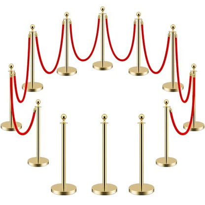 LOVMOR 12Pcs Gold Stanchion Posts Queue with 8pcs Red Velvet Rope, Crowd Control Barriers Queue Line Rope, Crowd Control Stanchion for Party Supplies - color: Gold-12pack