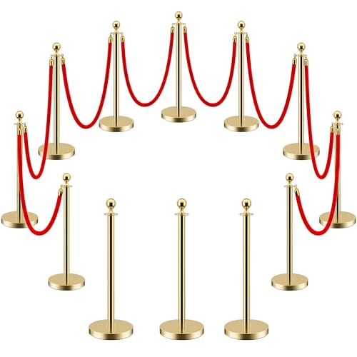 LOVMOR 12Pcs Gold Stanchion Posts Queue with 8pcs Red Velvet Rope, Crowd Control Barriers Queue Line Rope, Crowd Control Stanchion for Party Supplies - color: Gold-12pack