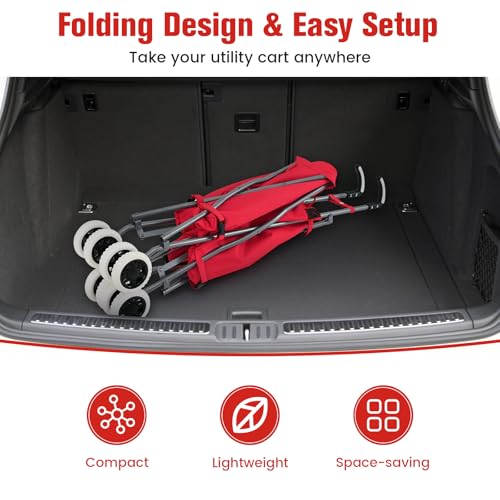 GOFLAME Folding Shopping Cart on Wheels, Waterproof Grocery Cart with Removable Cover and 360° Swiveling Wheels, Collapsible Utility Cart for Groceries and Laundry, 120LBS Load Capacity, Red - color: Red