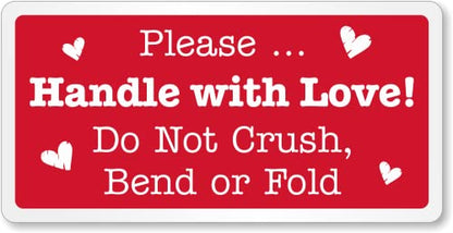 SmartSign Please Handle with Love Stickers - 2 x 4 inch, 100 / Roll, Do Not Bend Crush Or Fold Shipping Label, Semi-Gloss Paper, Permanent Adhesive, White on Red, Made in USA - color: Do Not Bend Crush Or Fold