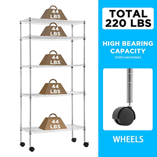 FDW | 5-Tier Wire Shelf with Wheels | 30" x 14" x 60" | Chrome - color: Chrome, size: 30×14×60