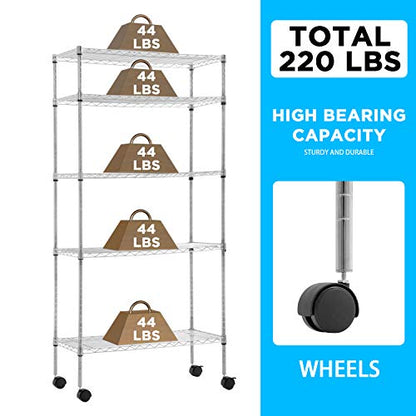 FDW | 5-Tier Wire Shelf with Wheels | 30" x 14" x 60" | Chrome - color: Chrome, size: 30×14×60