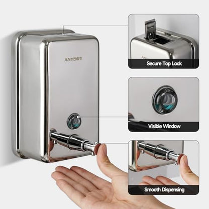 anydry Commercial Soap Dispenser Wall Mount, Polished Stianless Steel Finish Manual Liquid Soap Dispenser - 37oz (1100ml) Model AD1003