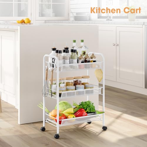 TOOLF 3 Tier Rolling Cart, Metal Utility Storage Cart with Wheels, White - color: White, size: 3-Tier