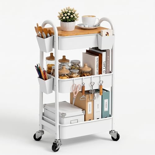 3 Tier White Metal Heavy Duty Rolling Cart with Wheels and Wooden Table Top - color: White