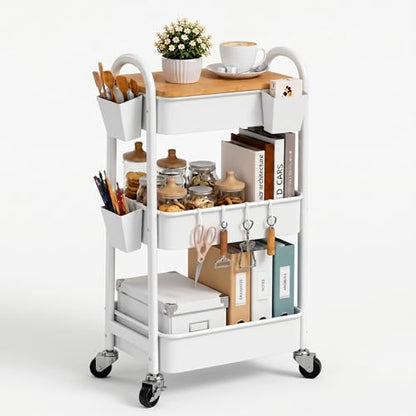 3 Tier White Metal Heavy Duty Rolling Cart with Wheels and Wooden Table Top - color: White