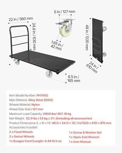 VEVOR Heavy Duty Platform Truck, 2000 LBS Industrial Steel Flatbed Cart with 360° Swivel Wheels, Platform Push Cart Dolly, Easy Storage for Warehouse/Garage/Moving/Garden (48" x 24" x 32") - size: 48.0 x 24.0 x 32.1 in/1220 x 610 x 815 mm