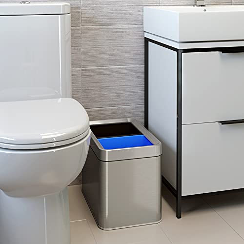 iTouchless 20 Liter / 5.3 Gallon Open Top Waste Trash Can & Recycle Bin with 2 Recycle Stickers, Dual Compartment Slim Stainless Steel Container - color: Silver with Black and Blue, 5.3 Gal