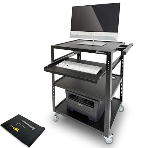AxcessAbles Computer Cart on Wheels 400LB Capacity, Metal AV Equipment Utility Workstation, with Pullout Keyboard Tray, Locking Caster Wheels.