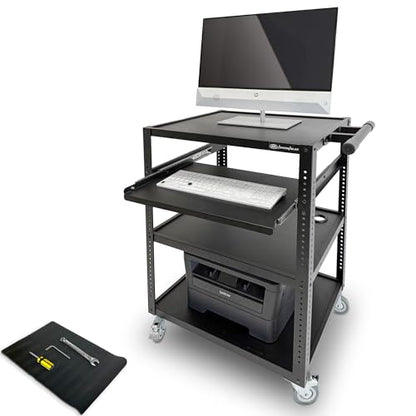 AxcessAbles Computer Cart on Wheels 400LB Capacity, Metal AV Equipment Utility Workstation, with Pullout Keyboard Tray, Locking Caster Wheels.