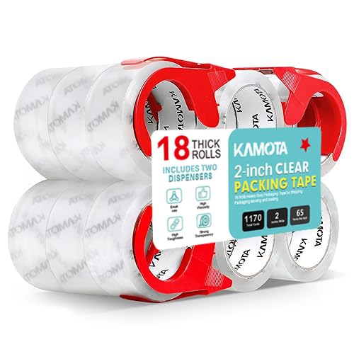 KAMOTA Packing Tape with Dispensers, 18 Rolls 2 Inch Wide Shipping Tape - size: 2"-18 Rolls