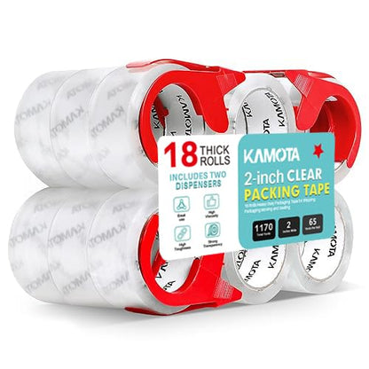 KAMOTA Packing Tape with Dispensers, 18 Rolls 2 Inch Wide Shipping Tape - size: 2"-18 Rolls