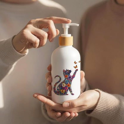 Boho Floral Cat Glass Soap Dispenser with Pump - color: Floral Cat