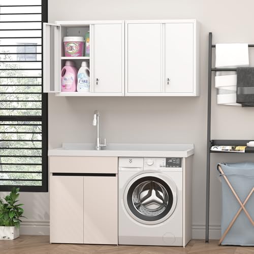 Metal Storage Cabinet with Lock, Kitchen Cabinets Wall Mounted, Steel Wall Cabinet with Doors and Shelf, Hanging Cabinet for Laundry, Pantry, Home Office, White - color: 28"h - White