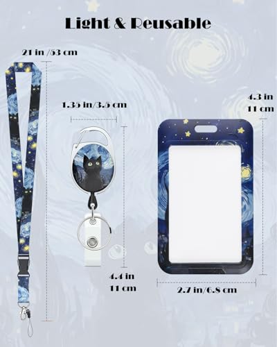 Uniclife Fashionable Sliding Badge Holder Starry Night & Black Cat Plastic Card Holder with Retractable Badge Reel Carabiner Detachable Lanyard Vertical Card Protector for Office Worker - color: Starry Night & Black Cat