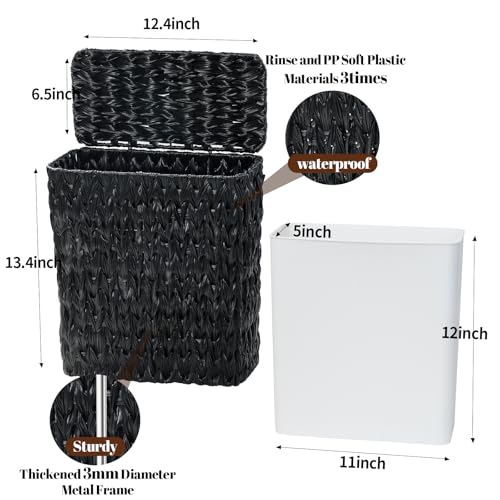 Wicker Trash Can with Lid & Liner, Small Bathroom Waste Basket, Black - color: black