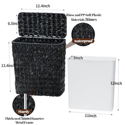 Wicker Trash Can with Lid & Liner, Small Bathroom Waste Basket, Black - color: black