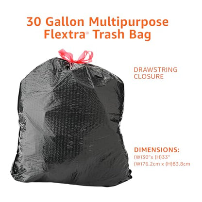 Amazon Basics Flextra Multipurpose Drawstring Trash Bags, 30 Gallon, 50 Count, Tear Resistant