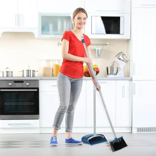 TreeLen Standing Dustpan and Broom Set with 52 Inch Long Extendable Handle for Cleaning Home, Interiors, Kitchens, Office Lobby Floors, Blue - color: Blue