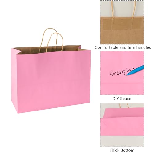 BLEWINDZ 50Pcs Pink Gift Bags Large 16x6x12 Inches Kraft Paper Bags with Handles Bulk – Goodie Bag Shopping Bag for Grocery Merchandise - color: Pink