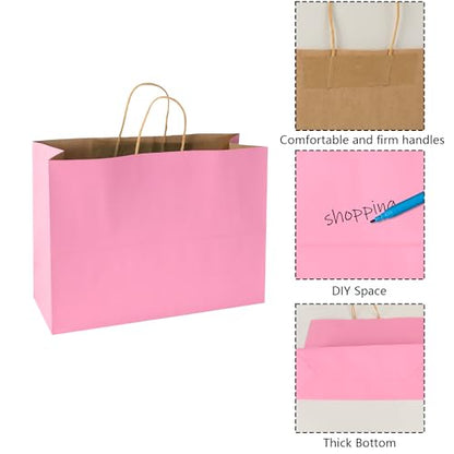 BLEWINDZ 50Pcs Pink Gift Bags Large 16x6x12 Inches Kraft Paper Bags with Handles Bulk – Goodie Bag Shopping Bag for Grocery Merchandise - color: Pink