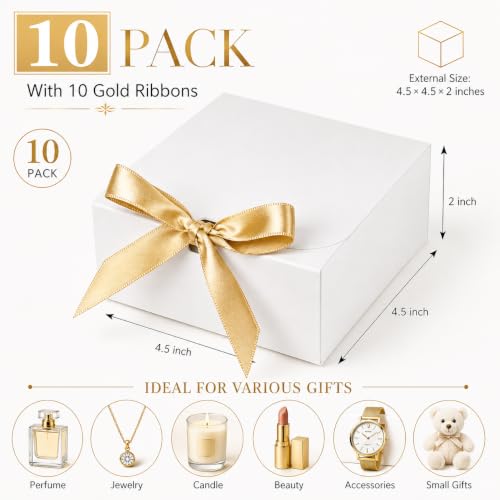 Xylitic Small Gift Boxes with Lids, White Gift Boxes with Ribbon, 10 Pack