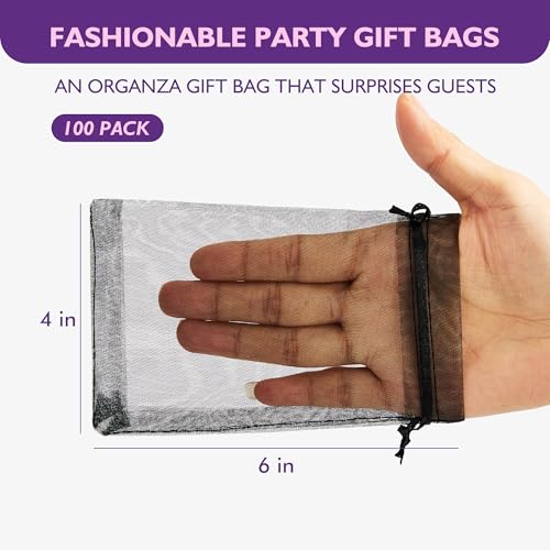 PACKINNO 100pcs Black Organza Bags, Sheer Organza Bags 4x6 Inch, Small Mesh Bag, Drawstring Gift Bags for Party, Candy, Christmas, Festival, Bathroom Soaps, Makeup, Jewelry - color: Black