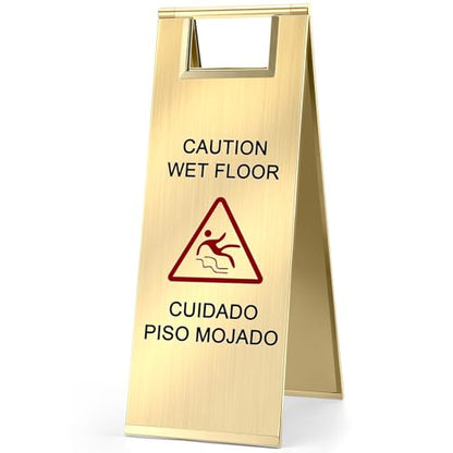 LEIFIDE 1 Pcs Wet Floor Signs, Bilingual Stainless Steel,Gold - color: Gold