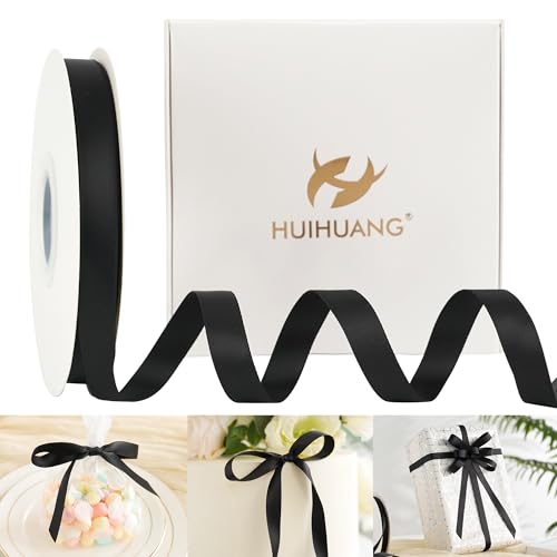 HUIHUANG 1/2 inch Black Double-Faced Satin Ribbon Continuous 50 Yards - color: Black, size: 1/2 inch
