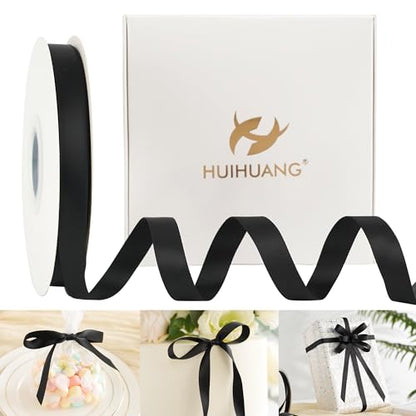 HUIHUANG 1/2 inch Black Double-Faced Satin Ribbon Continuous 50 Yards - color: Black, size: 1/2 inch