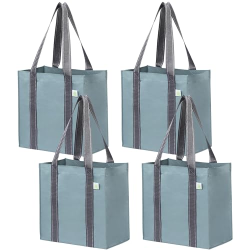 VENO 2/4 Pack Compact Reusable Grocery Shopping Bags with Hard Bottom - color: Light Blue-4 Pack