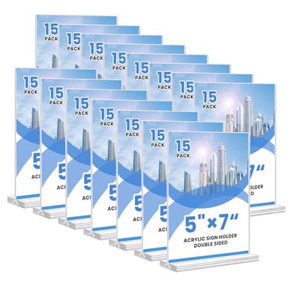 Acrylic Sign Holder, 5x7, 15 Pack Vertical Clear Table Menu Display, Double Sided, Plastic Stand, Suitable for Restaurants, Office, Store, Fair - color: Vertical 15 Pack 5x7