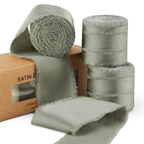 Keypan Sage Green Frayed Satin Chiffon Ribbon, 1.5 Inches, 21 Yards - color: Sage Green