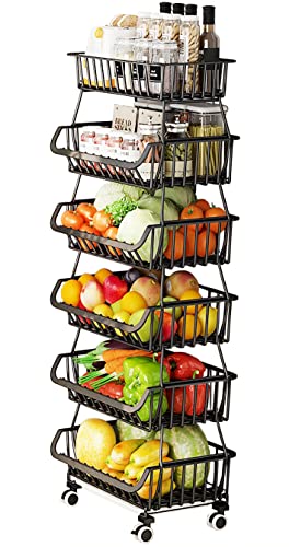 MURRI&MURRDI Fruit Vegetable Storage Baskets with Wheels, 6 Tier Stackable Wire Storage Baskets, Tall Standing Produce Kitchen Rack, Narrow Rolling Cart for Pantry Snack Onion Potato, Black - color: A Black