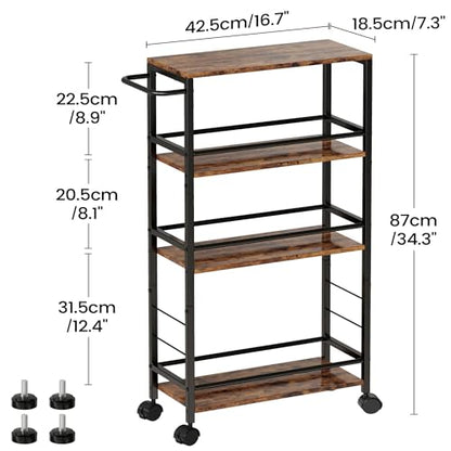 Narrow Storage Cart with Wheels, 4-Tier Narrow Kitchen Carts Slim Rolling Cart, Skinny Storage Cart, Snack Cart Slim Laundry Carts with Handle for Livingroom, Diningroom, Office（Rustic Brown, Black） - size: 7.3"D x 16.7"W x 34.3"H