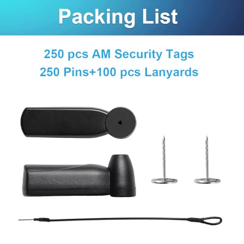 250Pcs 58Khz AM Security Clothing Tags Black Retails EAS Clothes Tag with 250 Pins and 100 Lanyards - style: 250 Black Tags + 100 Lanyards